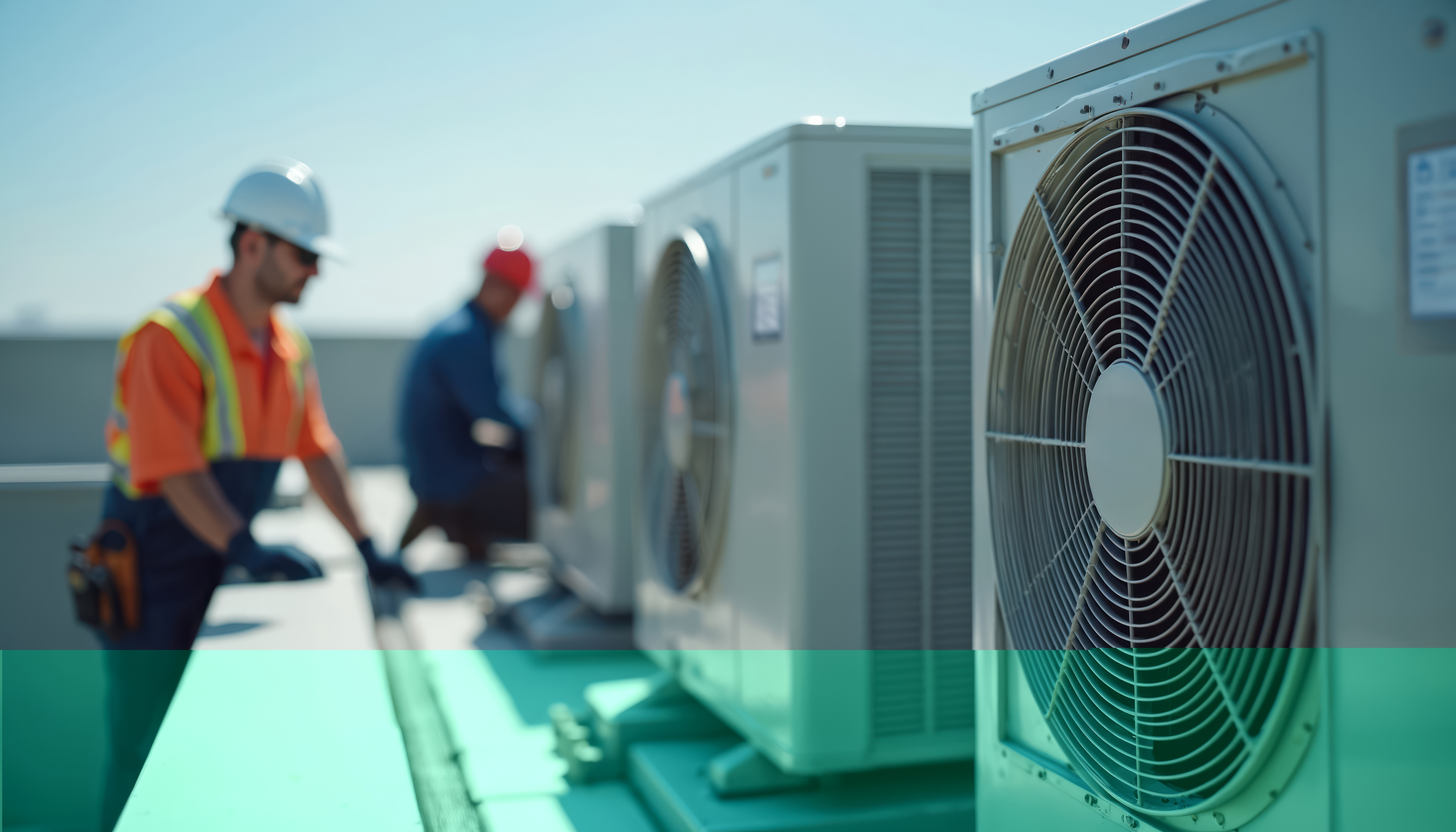 HVAC technicians install air conditioning units on commercial building rooftop. Men in workwear set up cooling system, ensuring efficient climate control. Expertise, service, maintenance.