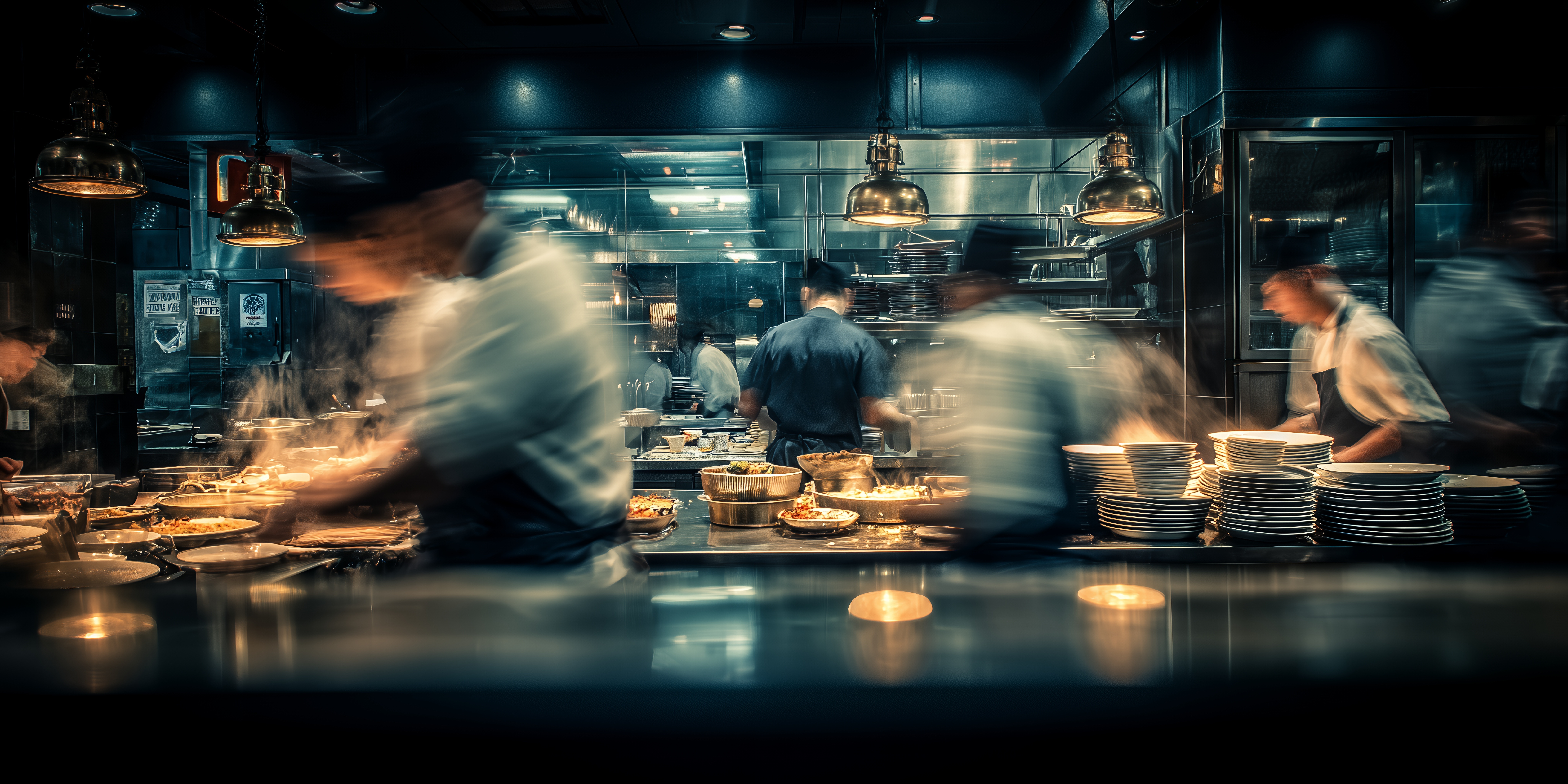 Busy commercial kitchen during peak hours with blurred motion of chefs preparing dishes