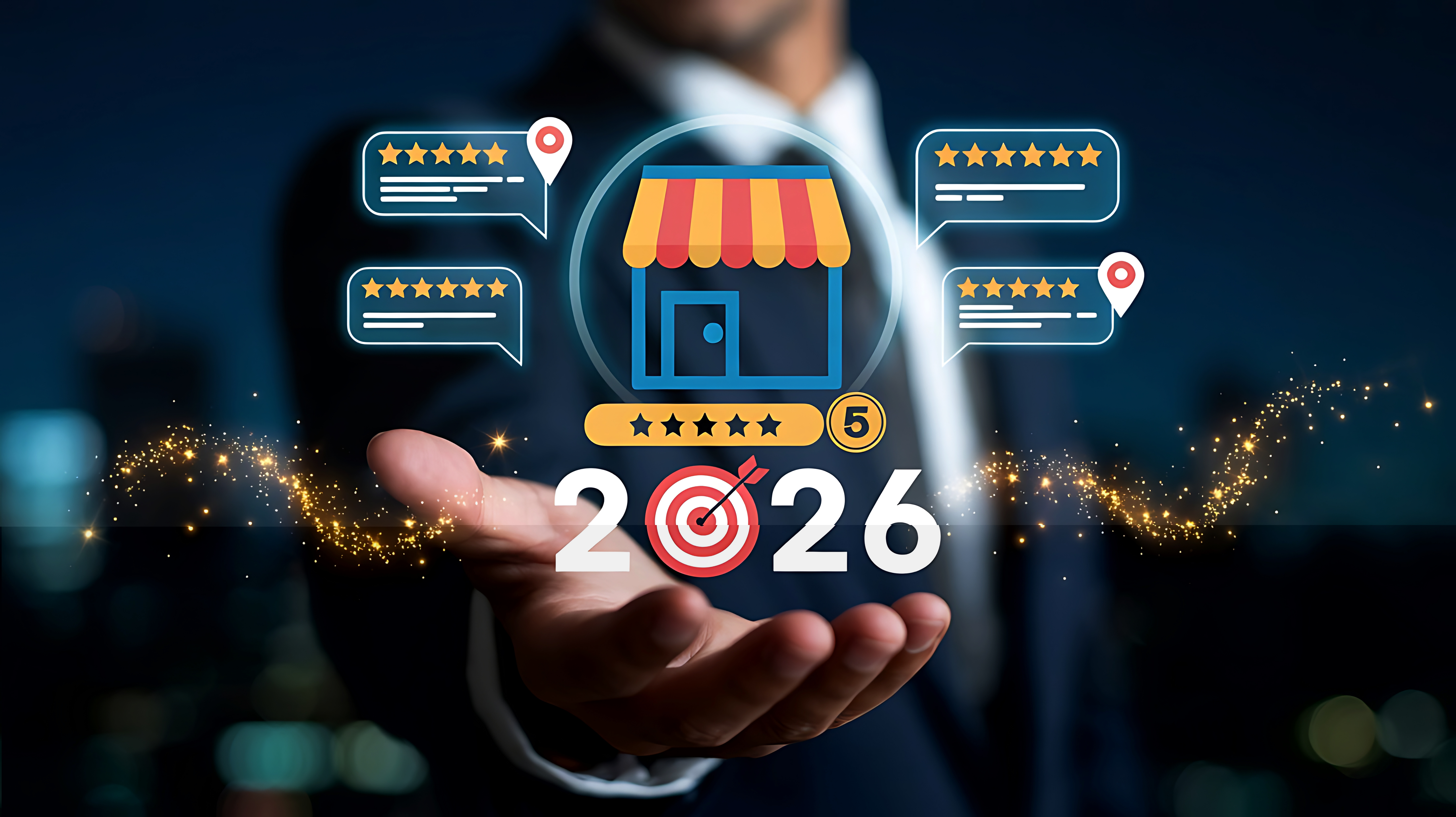 Achieving Business Goals 2026 A Hand Holding Storefront with Star Ratings and Aim Target representing Success and Growth