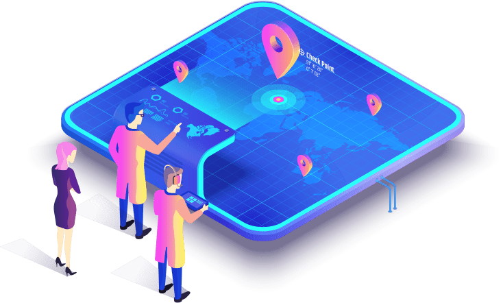 Illustration of analysts looking at 3d screen of a map and location markers