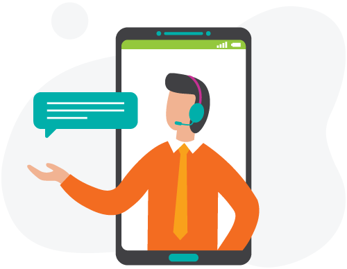 An illustration of a person wearing a headset on a mobile device with a speech bubble floating beside them.