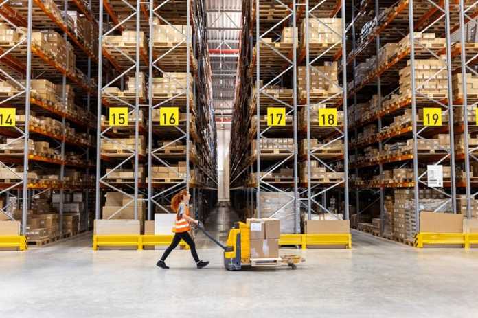 woman walking pallet through warehouse